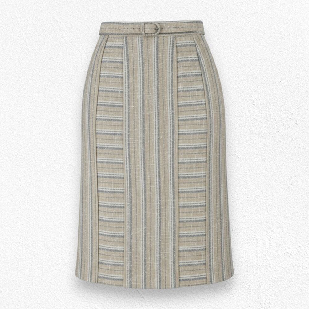 Vintage 1950s Beige Striped Tweed Annette Ross High Waisted Belted Skirt Size 2